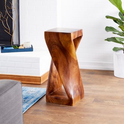 Harper & Willow Brown Suar Wood Handmade Accent Table with Spiral Base 12" x 12" x 30"