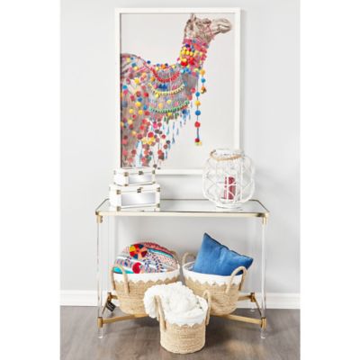 Harper & Willow Large Round Woven Rattan White Lantern with Burlap Jute Rope Handle and Glass Insert, 15" x 15", 62833