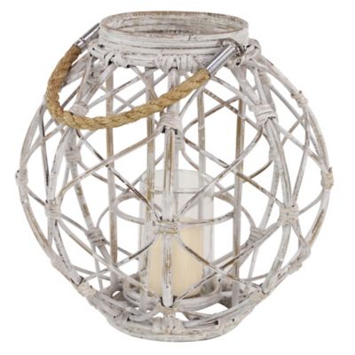 Image showing  Large Round Woven Rattan White Lantern with Burlap Jute Rope Handle and Glass Insert, 15" x 15", 62833