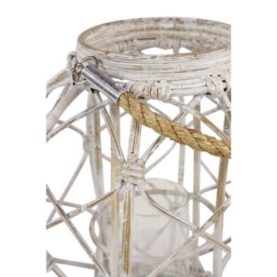 Image showing  Large Round Woven Rattan White Lantern with Burlap Jute Rope Handle and Glass Insert, 15" x 15", 62833