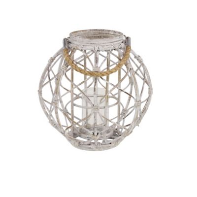 Image showing  Large Round Woven Rattan White Lantern with Burlap Jute Rope Handle and Glass Insert, 15" x 15", 62833