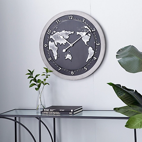 Harper & Willow 25 in. x 25 in. Large Round Map Metal Wall Clock with Grey Wood Frame, Black/Silver