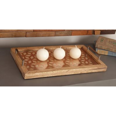 Harper & Willow Rectangular Wood Serving Trays, Geometric Bronze Metal Inlays