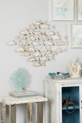 Harper & Willow White Iron and Textured Albasia Wood Fish Wall Decor, 37 in. x 26 in.