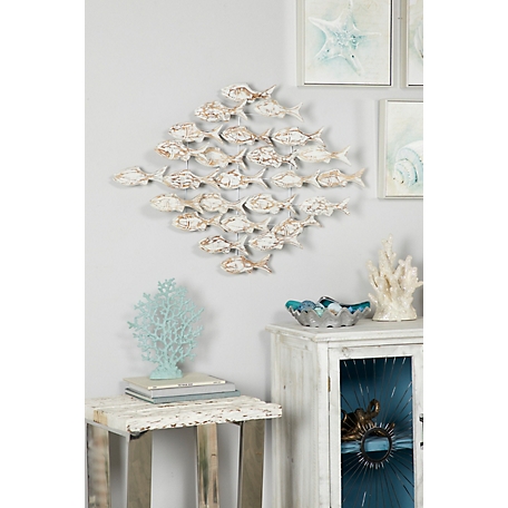 Harper & Willow White Iron and Textured Albasia Wood Fish Wall Decor, 37 in. x 26 in.