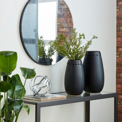 Harper & Willow 16 in. x 13 in. Round Ceramic Black Vases with Leather Accents, 2-Pack