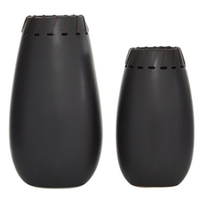 Image showing  Round Ceramic Vase Set with Leather Accents, 16 in. x 13 in., Black, 2 pc.