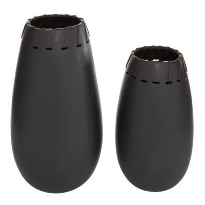 Image showing  Round Ceramic Vase Set with Leather Accents, 16 in. x 13 in., Black, 2 pc.