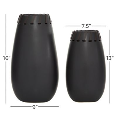 Image showing  Round Ceramic Vase Set with Leather Accents, 16 in. x 13 in., Black, 2 pc.