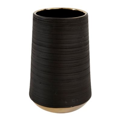 Image showing  5 in. x 8 in. Round Matte Black Porcelain Vase with Metallic Gold Rim and Ridged Texture