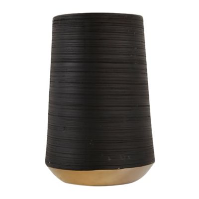 Image showing  5 in. x 8 in. Round Matte Black Porcelain Vase with Metallic Gold Rim and Ridged Texture