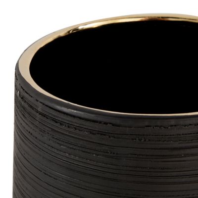 Image showing  5 in. x 8 in. Round Matte Black Porcelain Vase with Metallic Gold Rim and Ridged Texture