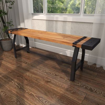 Image showing  Brown Wood Bench with Black Metal Base and Studs 55 in. x 13 in. x 18 in.