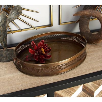 Harper & Willow Engraved Brown Metal Oval Serving Trays with Pierced Metal Designs, 17 in., 14 in., 2 pc.