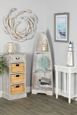 Harper & Willow White Spiraling Iron and Albasia Wood Fish Wall Decor, 32 in. x 28 in.