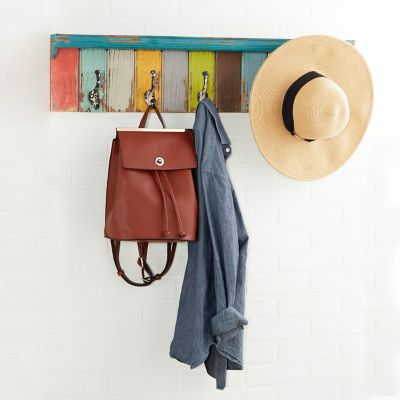 Harper & Willow Colorful Distressed Wood Wall Hook Rack and Shelf, 35 in. x 9 in.