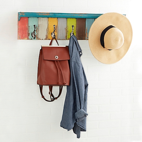 Harper & Willow Colorful Distressed Wood Wall Hook Rack and Shelf, 35 in. x 9 in.