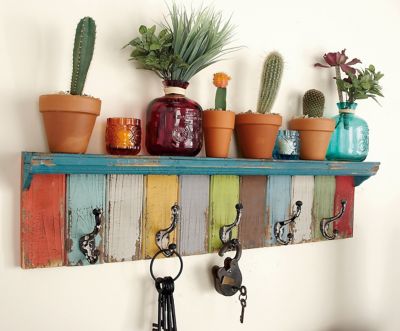 Image showing  Colorful Distressed Wood Wall Hook Rack and Shelf, 35 in. x 9 in.