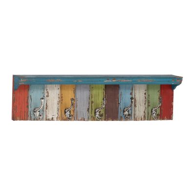 Image showing  Colorful Distressed Wood Wall Hook Rack and Shelf, 35 in. x 9 in.