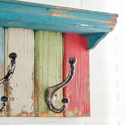 Image showing  Colorful Distressed Wood Wall Hook Rack and Shelf, 35 in. x 9 in.