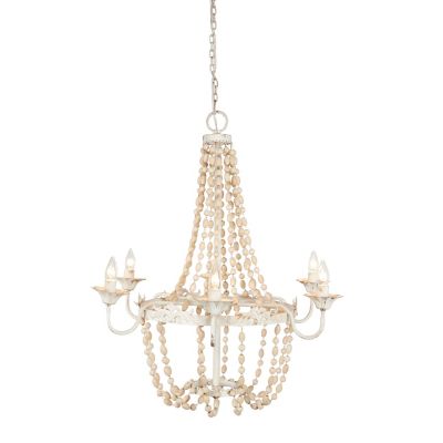 Image showing  Large White Metal and Wood Bead Chandelier, 30 in. x 34 in.