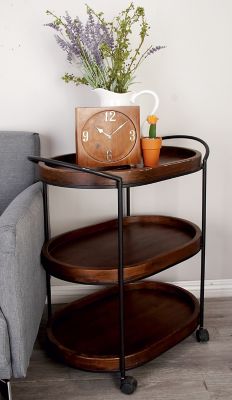 Harper & Willow Metal and Natural Pine Wood 3-Tier Rolling Bar Cart, Black, 26 in. x 30 in.