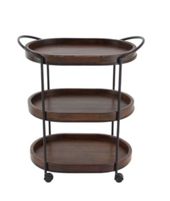 Image showing  Metal and Natural Pine Wood 3-Tier Rolling Bar Cart, Black, 26 in. x 30 in.