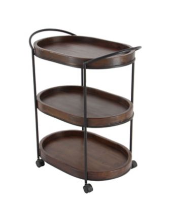 Image showing  Metal and Natural Pine Wood 3-Tier Rolling Bar Cart, Black, 26 in. x 30 in.