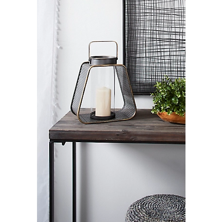 Harper & Willow 12 in. x 12 in. Large Rounded Triangle Pierced Black Metal Lantern Candle Holder with Handle and Gold Trim