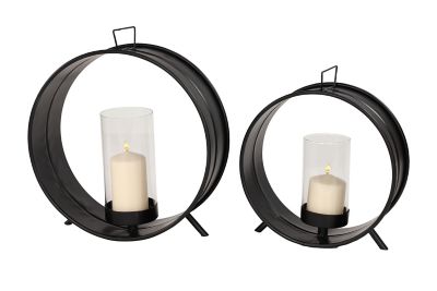 Image showing  Large Industrial Black Metal Circle Sculpture Glass Candle Holders, Set of 2, 69612