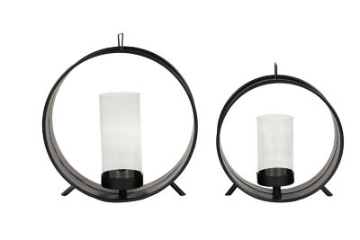 Image showing  Large Industrial Black Metal Circle Sculpture Glass Candle Holders, Set of 2, 69612