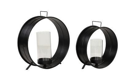 Image showing  Large Industrial Black Metal Circle Sculpture Glass Candle Holders, Set of 2, 69612