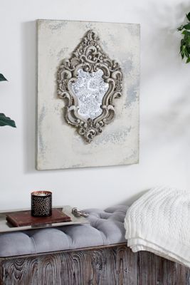 Harper & Willow Large Gray and Beige Antique Frame with Damask Print Wooden Wall Plaque, 23.5 in. x 31.5 in.