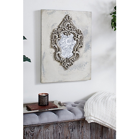 Harper & Willow Large Gray and Beige Antique Frame with Damask Print Wooden Wall Plaque, 23.5 in. x 31.5 in.