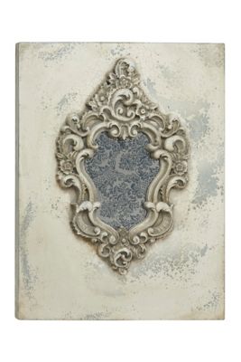 Image showing  Large Gray and Beige Antique Frame with Damask Print Wooden Wall Plaque, 23.5 in. x 31.5 in.