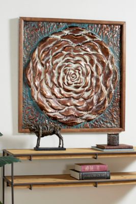 Harper & Willow Large Square Aqua and Bronze Metal Rose Wall Decor in Natural Wood Frame, 41.5 in. x 41.5 in.