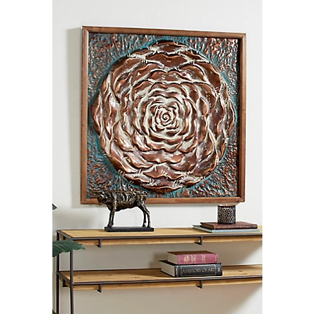 Harper & Willow Large Square Aqua and Bronze Metal Rose Wall Decor in Natural Wood Frame, 41.5 in. x 41.5 in.