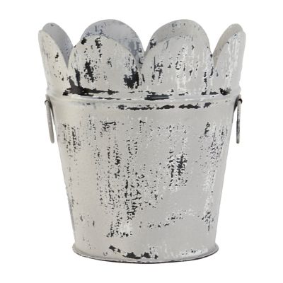 Image showing  Farmhouse Style Distressed White Metal Scalloped Bucket Planter with Handles, 11 in. x 12 in.