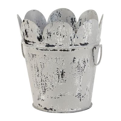 Image showing  Farmhouse Style Distressed White Metal Scalloped Bucket Planter with Handles, 11 in. x 12 in.