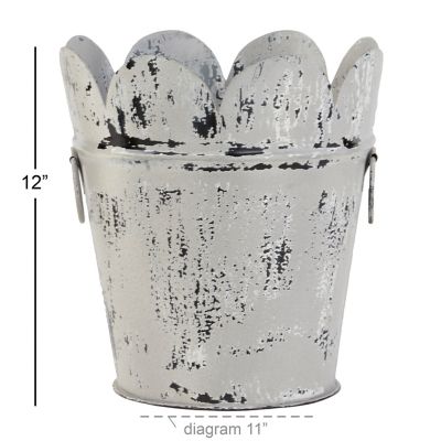 Image showing  Farmhouse Style Distressed White Metal Scalloped Bucket Planter with Handles, 11 in. x 12 in.