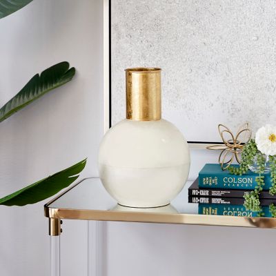 Harper & Willow 9 in. x 14 in. Modern Style Large Round Metal Vase, Gold/White