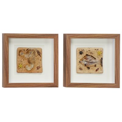 Image showing  Coastal Seahorse and Fish Fossil Shadow Box Wall Decor, 12 in. x 12 in., Square Wood Frames