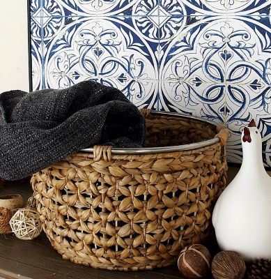 Harper & Willow Large Round Natural Seagrass Basket with Handles and Silver Ring Top Set, Assorted, 3 pc.