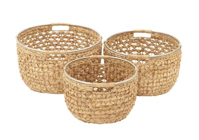 Image showing  Large Round Natural Seagrass Basket with Handles and Silver Ring Top Set, Assorted, 3 pc.
