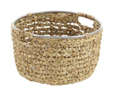 Image showing  Large Round Natural Seagrass Basket with Handles and Silver Ring Top Set, Assorted, 3 pc.