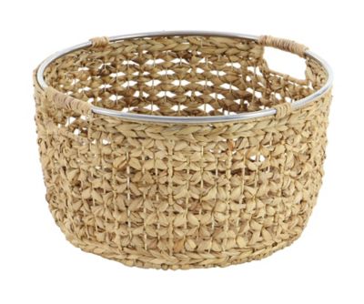 Image showing  Large Round Natural Seagrass Basket with Handles and Silver Ring Top Set, Assorted, 3 pc.
