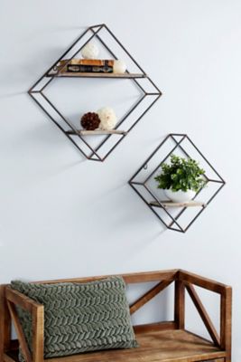 Harper & Willow Large Silver Metal and Natural Wood Diamond Wall Shelves, 2 pc.