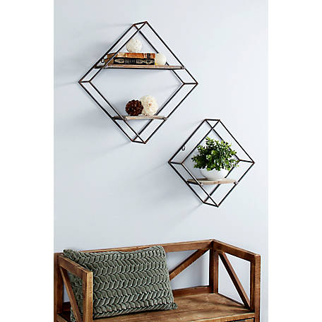 Natural Wood Diamond Wall Shelves Set, Large Decorative Wall Shelves