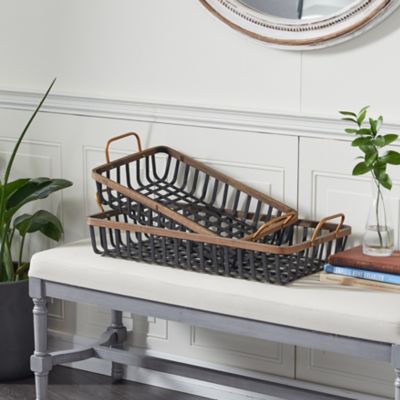 Image showing  Rectangular Black and Brown Woven Bamboo Tray with Gold Metal Handles, 24 in., 29 in., 2 pc.
