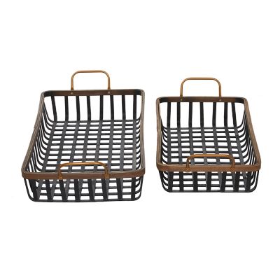 Image showing  Rectangular Black and Brown Woven Bamboo Tray with Gold Metal Handles, 24 in., 29 in., 2 pc.